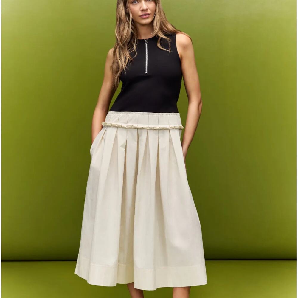 Plan C Black Cream Fit Flare Midi Dress SIZE 10 Romantic Cotton Designer $375